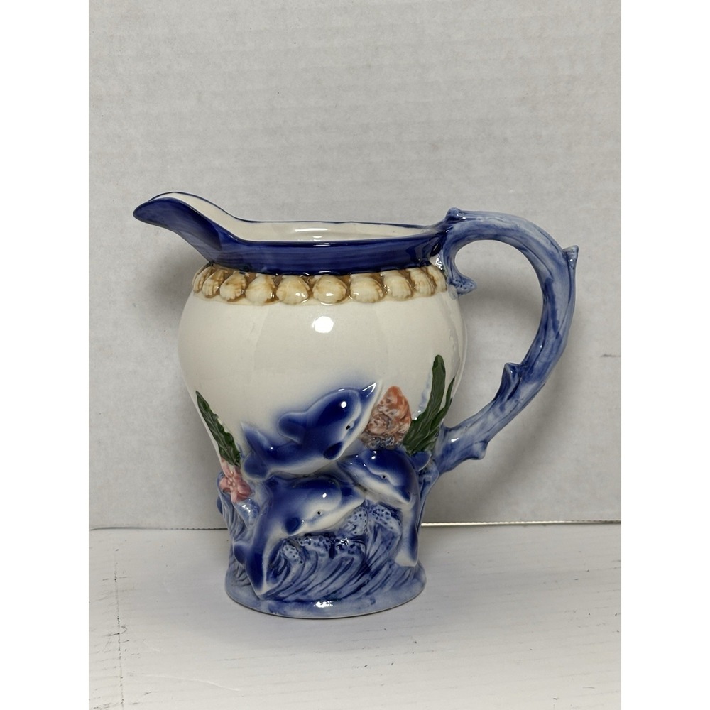 Vintage Dolphin Ceramic Pitcher Nautical Coastal Seashell Beach Decor 6.5"‎